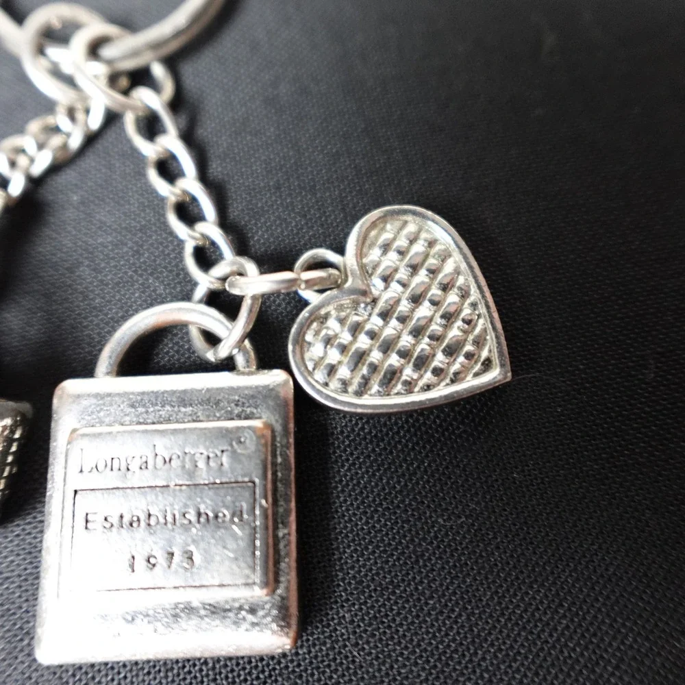 Longaberger Charm Keychain Silver Tone Woven Basket Heart Plaque Est 1973